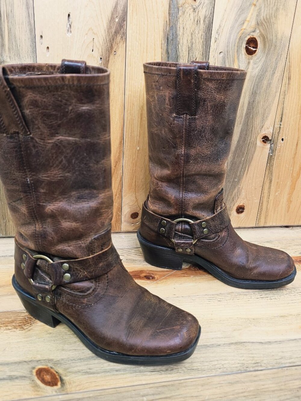 Mossimo Supply Co. Moto Brown Leather Distressed Harness Boots Size 6